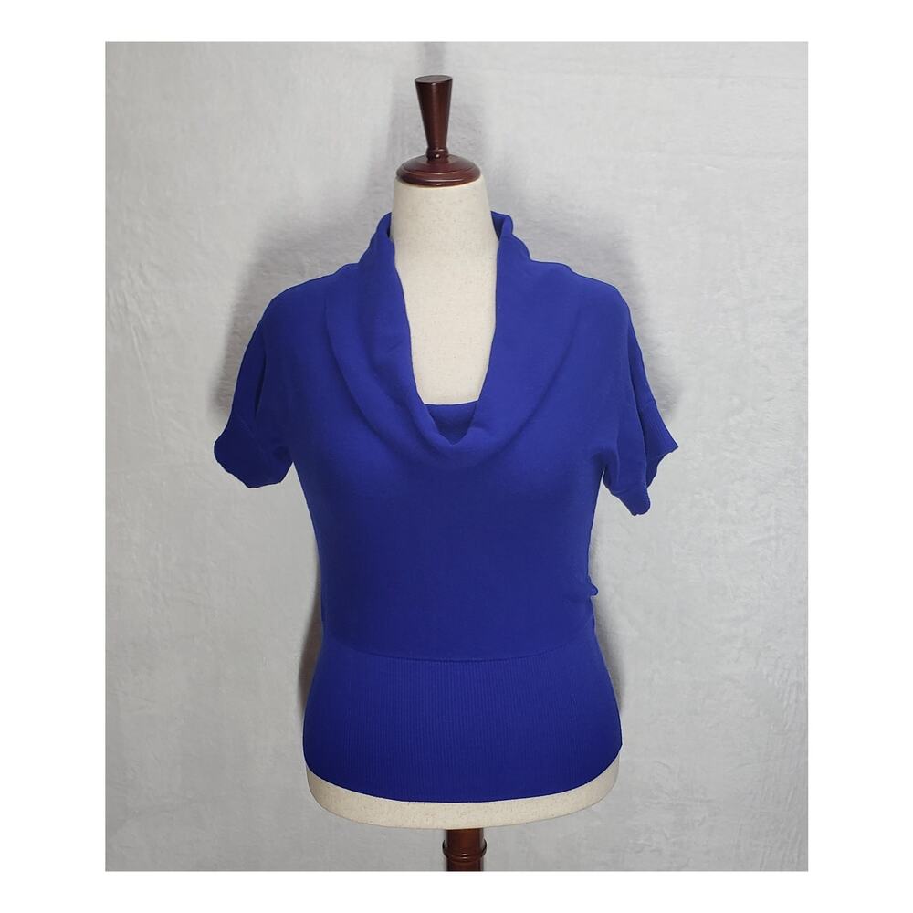 Womens L Royal Blue Cowl Neck Sweater Short Sleeve Office Siren Y2K Knit Top